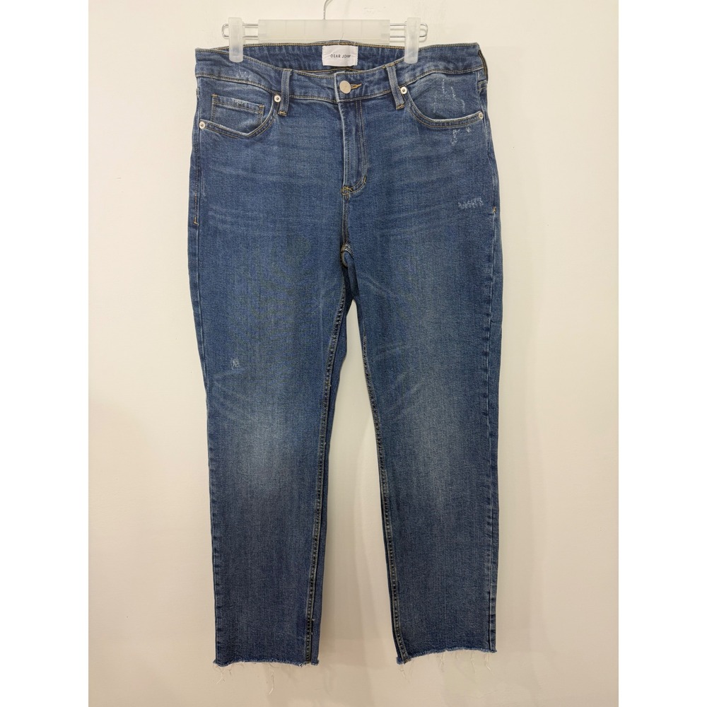 Dear John Everett Slim Straight Jeans Size 32 Medium Wash Raw Hem Distressed